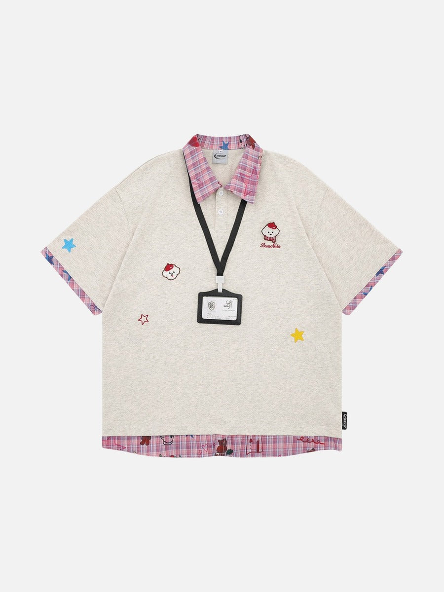 DAXUEN Layered polo shirt with cartoon graphics and plaid accents