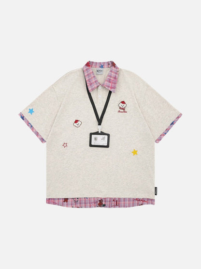 DAXUEN Layered polo shirt with cartoon graphics and plaid accents