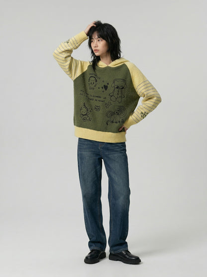 DAXUEN Hooded sweater with cartoon graphics and contrasting sleeves — model photo