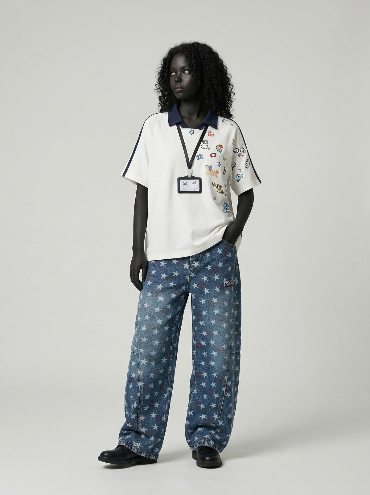 DAXUEN Cartoon printed short-sleeved polo shirt — model photo