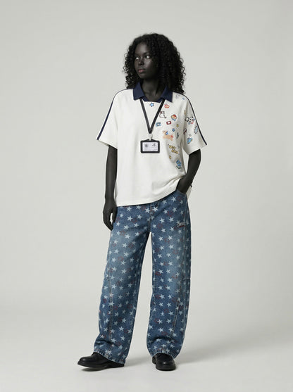 DAXUEN Cartoon printed short-sleeved polo shirt — model photo