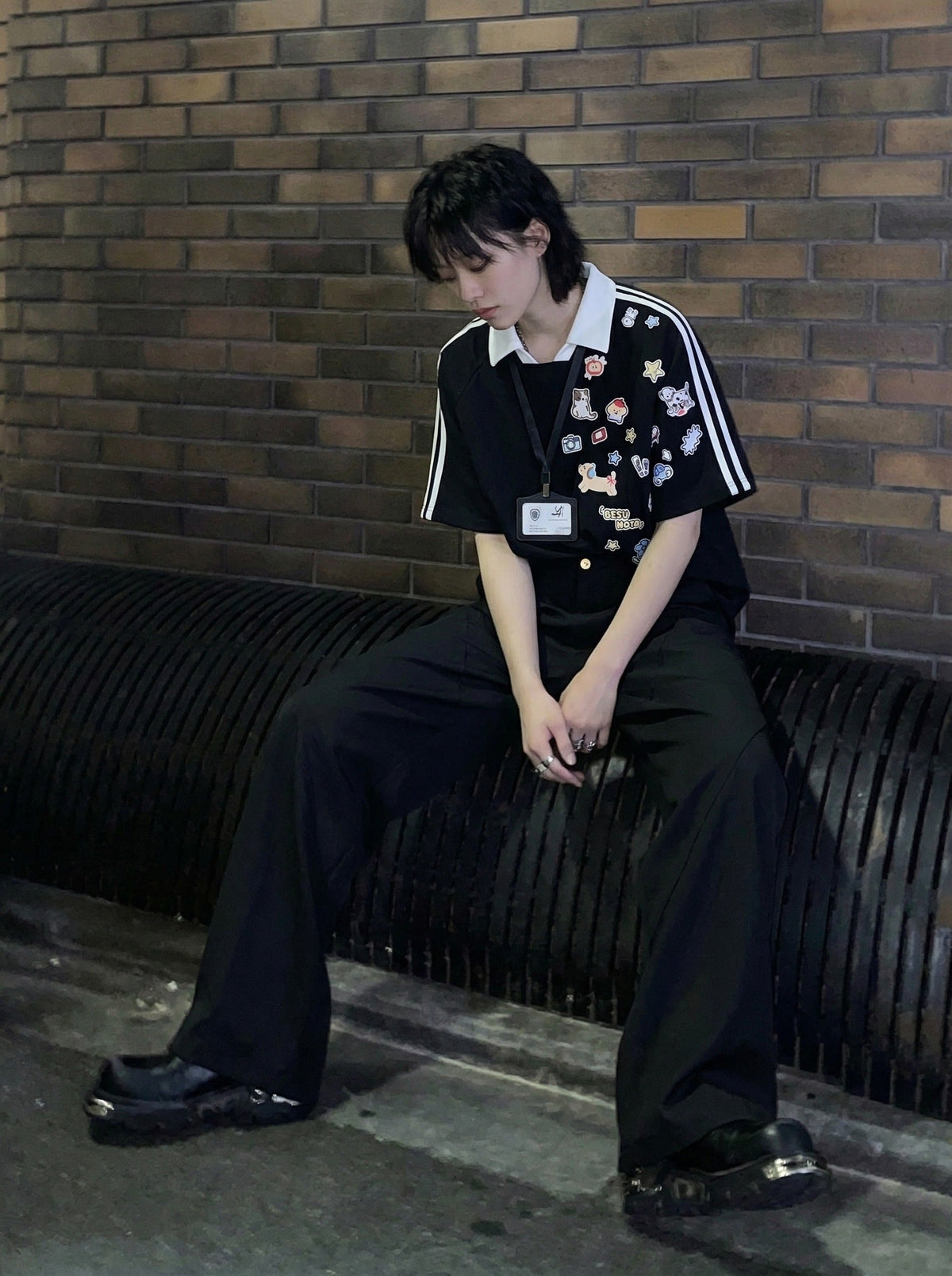 DAXUEN Cartoon printed short-sleeved polo shirt — model photo