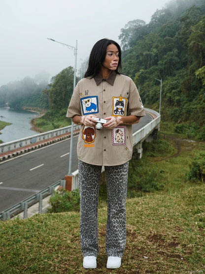 DAXUEN Cartoon Patches Vertical Stripe Shirt | DAXUEN — model photo