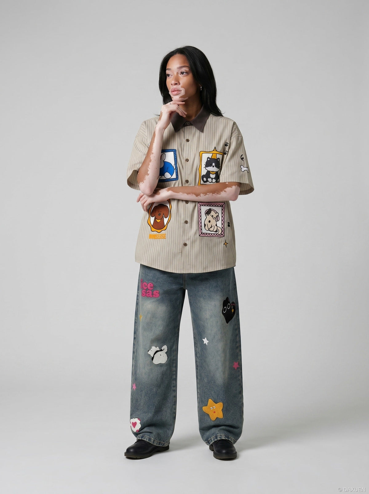 DAXUEN Cartoon Patches Vertical Stripe Shirt | DAXUEN — model photo