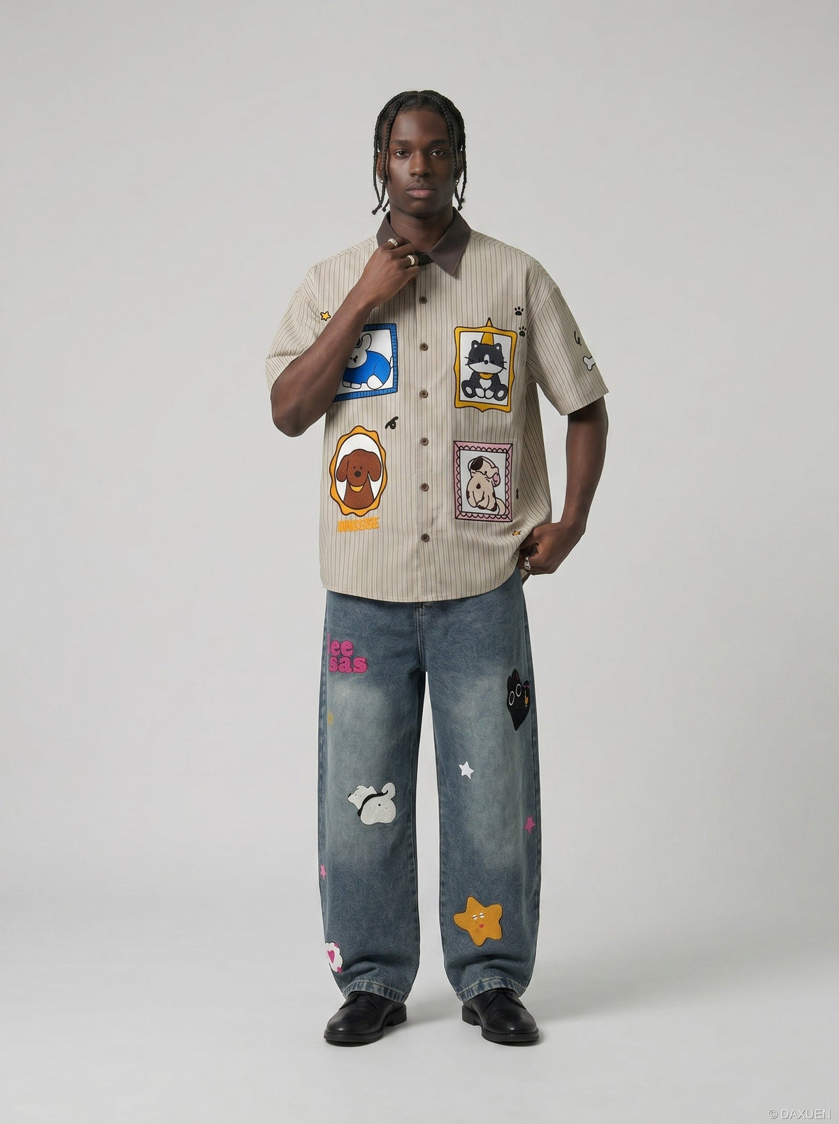 DAXUEN Cartoon Patches Vertical Stripe Shirt | DAXUEN — model photo