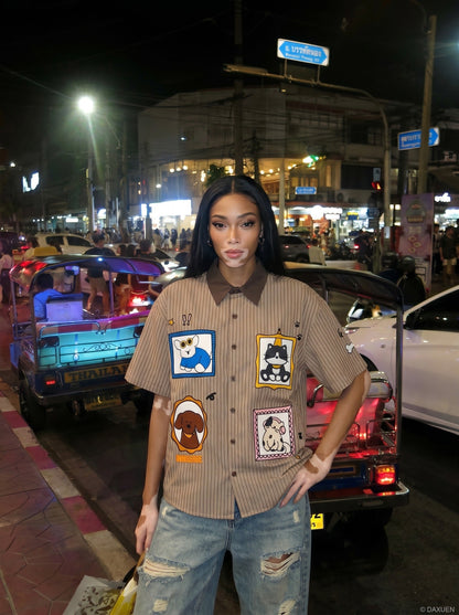 DAXUEN Cartoon Patches Vertical Stripe Shirt | DAXUEN — model photo