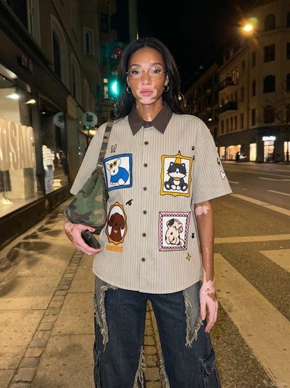 DAXUEN Cartoon Patches Vertical Stripe Shirt | DAXUEN — model photo