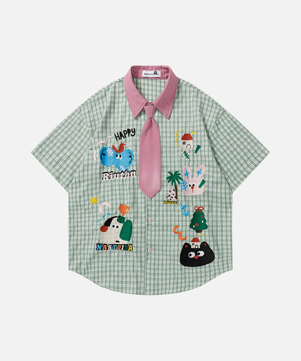 DAXUEN Short-sleeved collared shirt with plaid pattern and embroidery