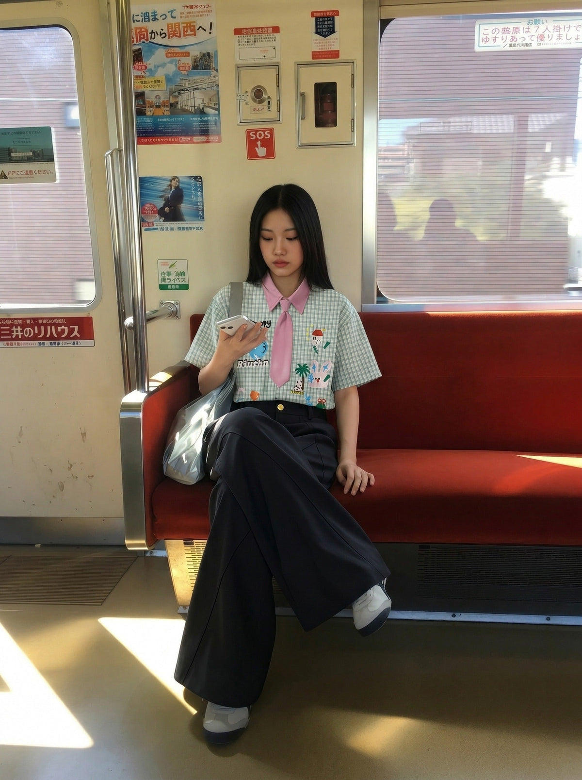 DAXUEN Short-sleeved collared shirt with plaid pattern and embroidery — model photo