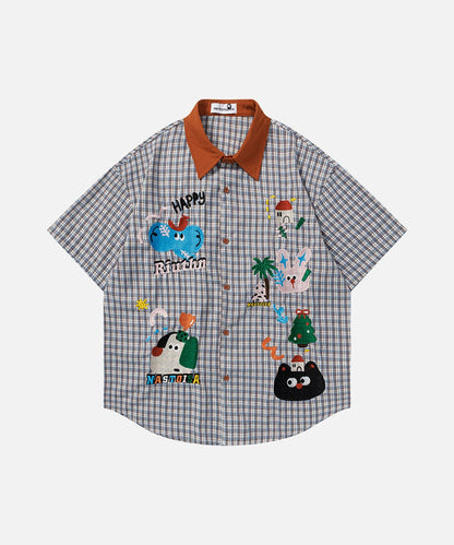 DAXUEN Short-sleeved collared shirt with plaid pattern and embroidery
