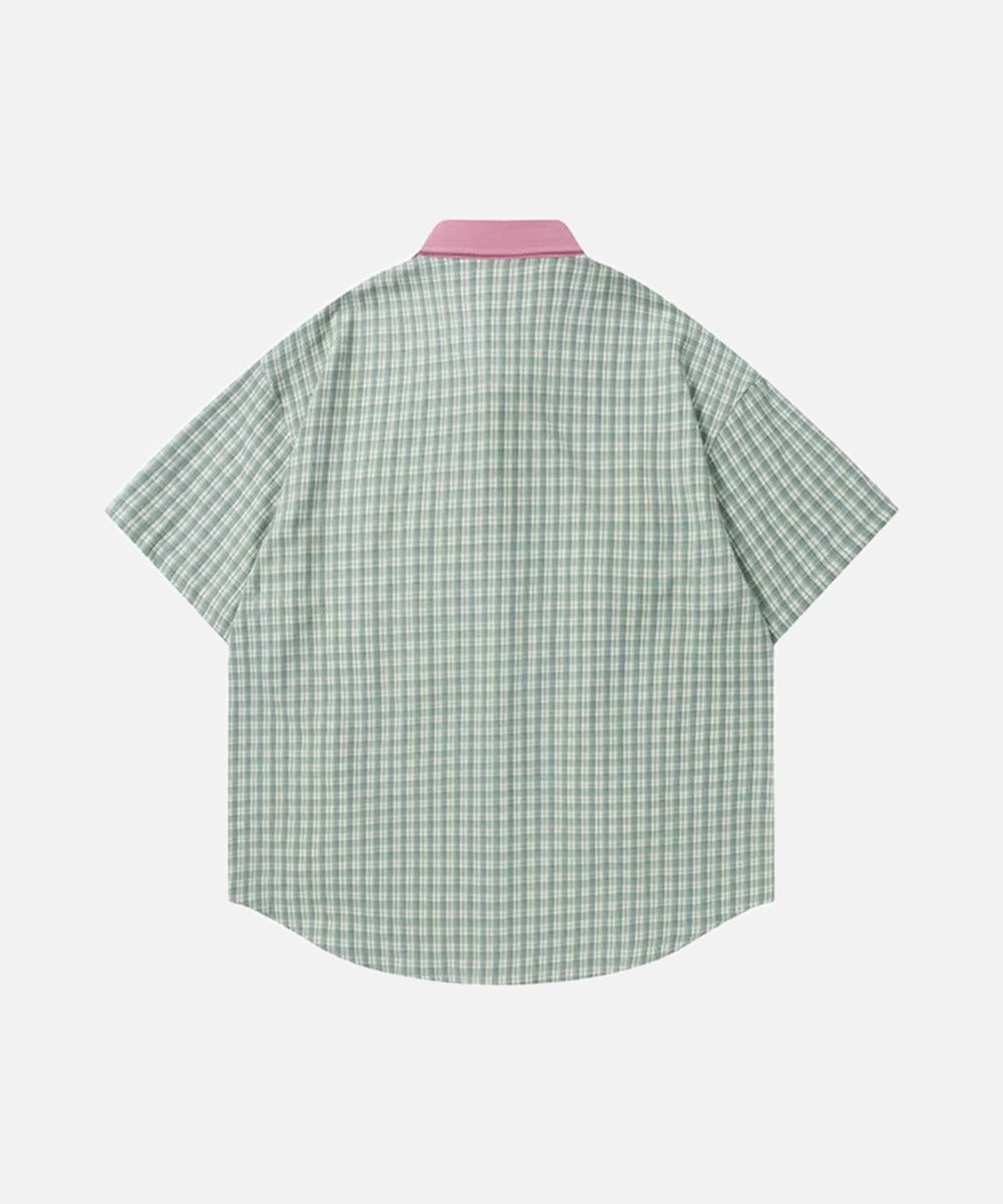 DAXUEN Short-sleeved collared shirt with plaid pattern and embroidery