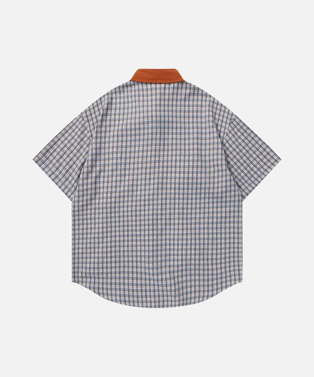 DAXUEN Short-sleeved collared shirt with plaid pattern and embroidery