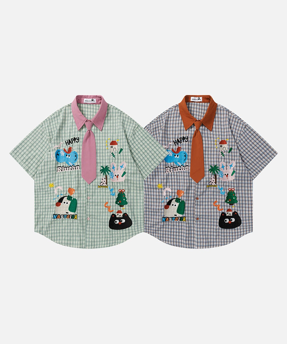 DAXUEN Short-sleeved collared shirt with plaid pattern and embroidery