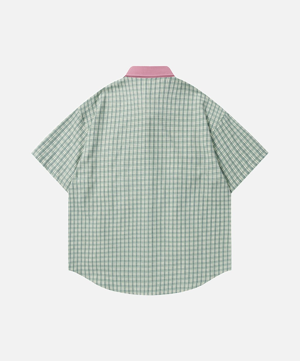 DAXUEN Short-sleeved collared shirt with plaid pattern and embroidery