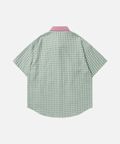 DAXUEN Short-sleeved collared shirt with plaid pattern and embroidery