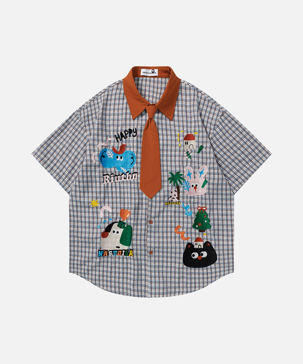 DAXUEN Short-sleeved collared shirt with plaid pattern and embroidery