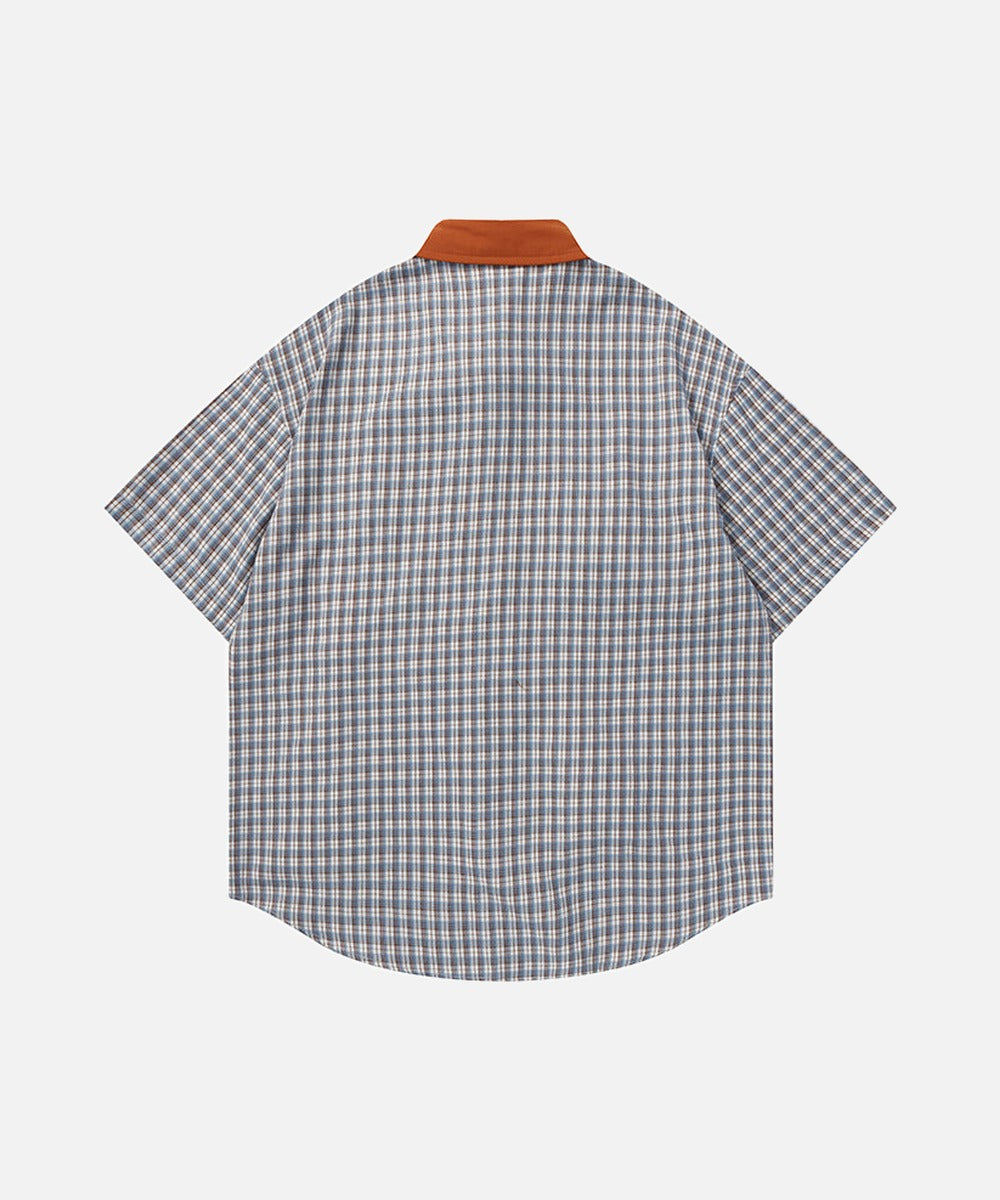 DAXUEN Short-sleeved collared shirt with plaid pattern and embroidery