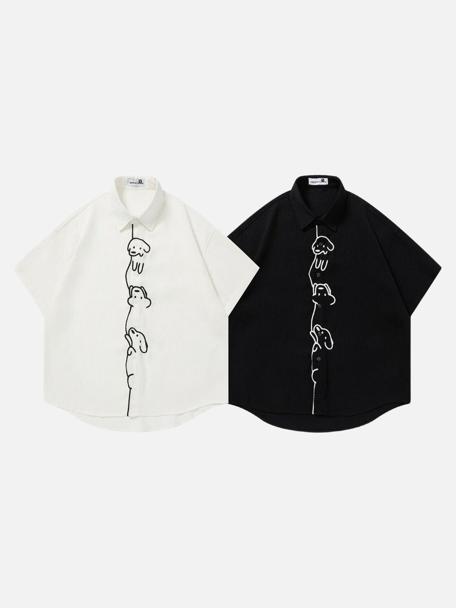 DAXUEN Short-sleeved button-up shirt with cartoon dog graphic