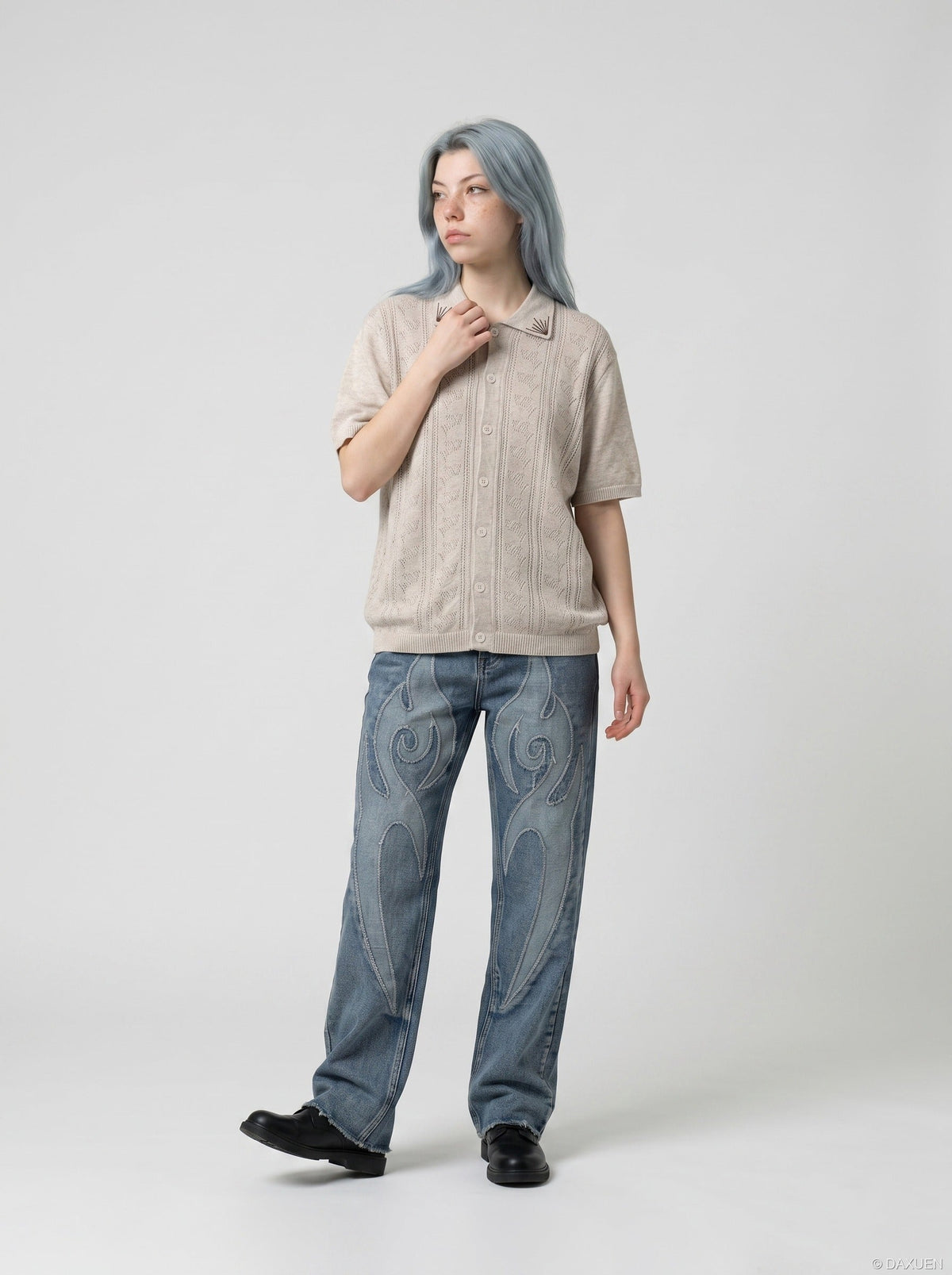 DAXUEN Casual open-knit short-sleeved button-up shirt — model photo