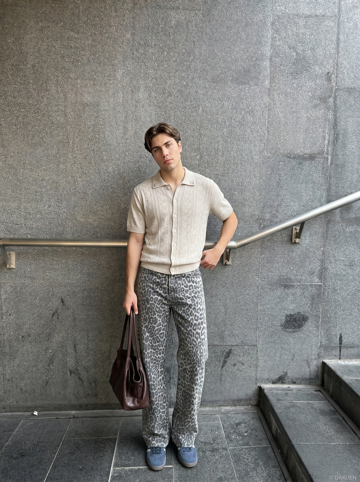DAXUEN Casual open-knit short-sleeved button-up shirt — model photo