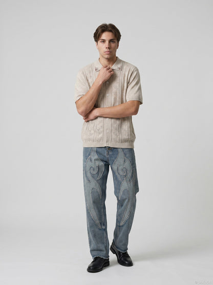 DAXUEN Casual open-knit short-sleeved button-up shirt — model photo
