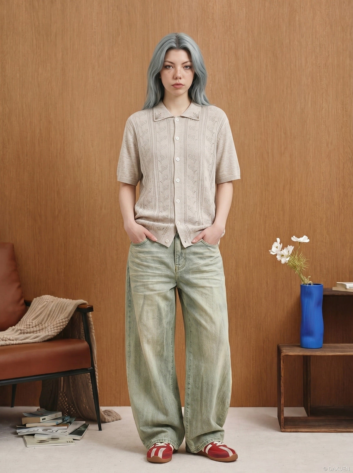 DAXUEN Casual open-knit short-sleeved button-up shirt — model photo