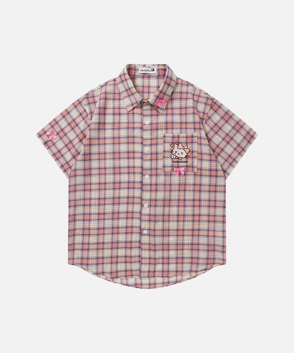 DAXUEN Casual pink plaid button-up shirt with cartoon embroidery