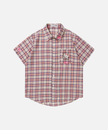 DAXUEN Casual pink plaid button-up shirt with cartoon embroidery