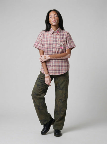 DAXUEN Casual pink plaid button-up shirt with cartoon embroidery — model photo