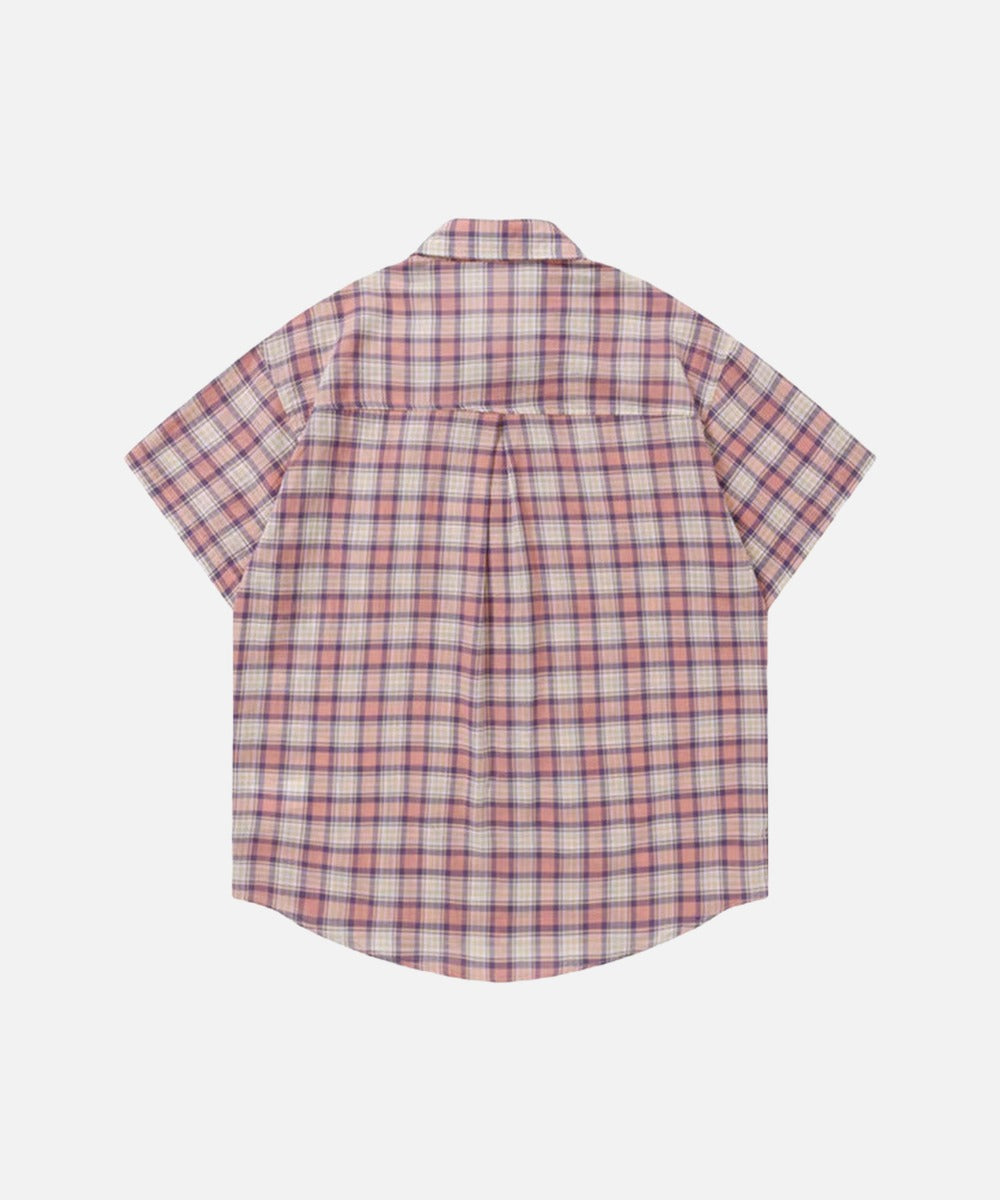DAXUEN Casual pink plaid button-up shirt with cartoon embroidery