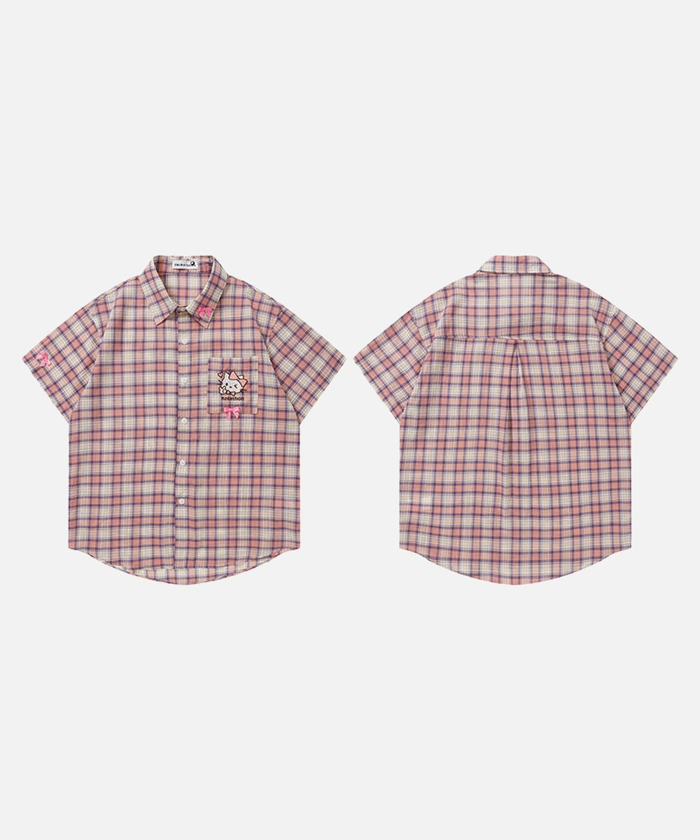 DAXUEN Casual pink plaid button-up shirt with cartoon embroidery