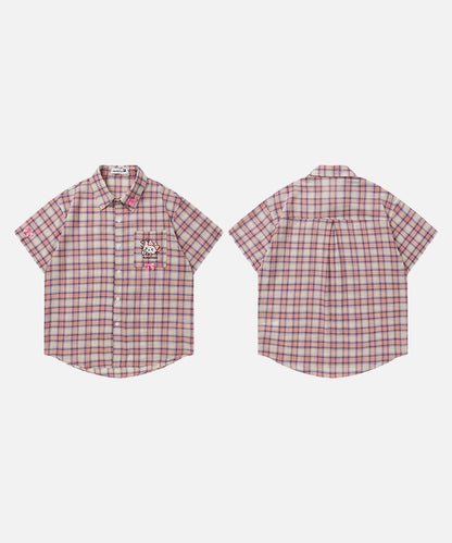 DAXUEN Casual pink plaid button-up shirt with cartoon embroidery