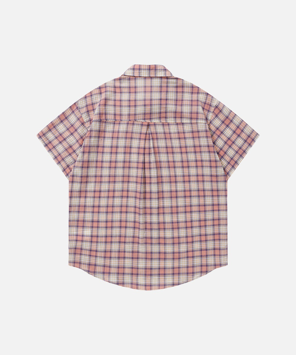 DAXUEN Casual pink plaid button-up shirt with cartoon embroidery