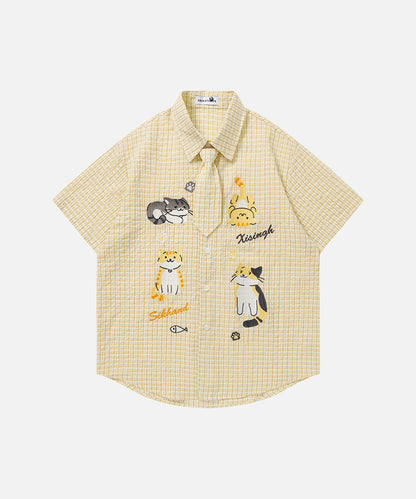 DAXUEN Cat embroidered plaid short sleeve shirt