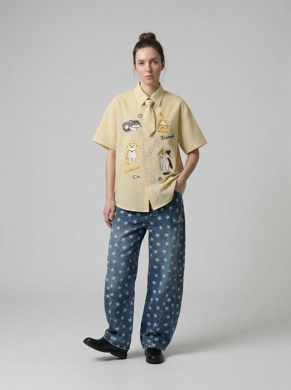 DAXUEN Cat embroidered plaid short sleeve shirt — model photo