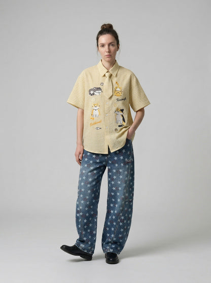 DAXUEN Cat embroidered plaid short sleeve shirt — model photo