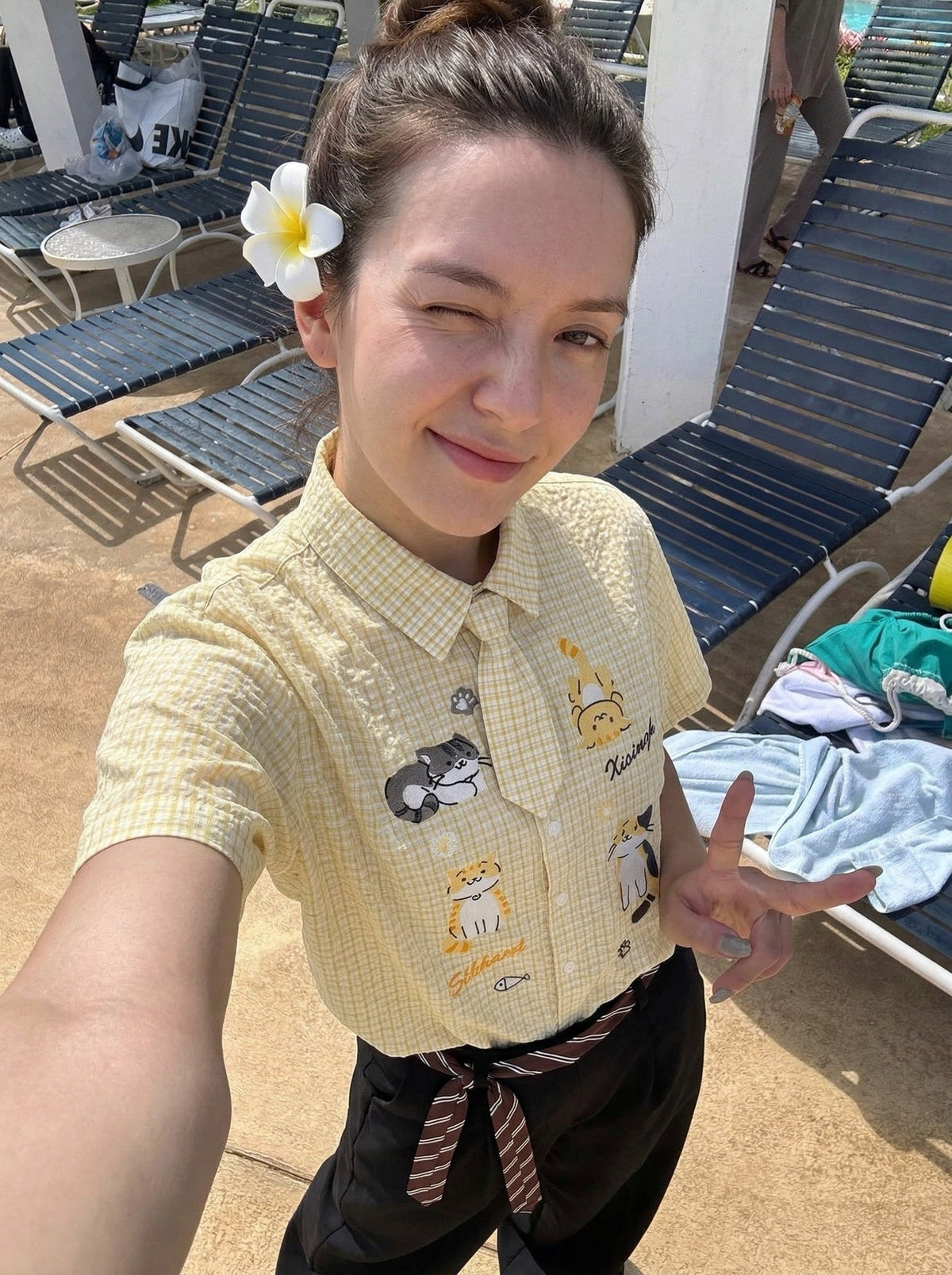 DAXUEN Cat embroidered plaid short sleeve shirt — model photo