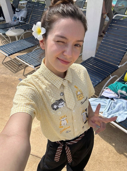 DAXUEN Cat embroidered plaid short sleeve shirt — model photo