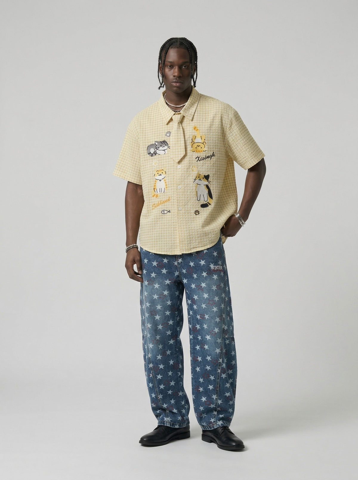 DAXUEN Cat embroidered plaid short sleeve shirt — model photo