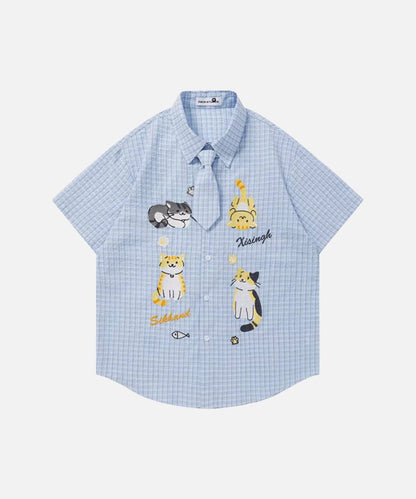 DAXUEN Cat embroidered plaid short sleeve shirt