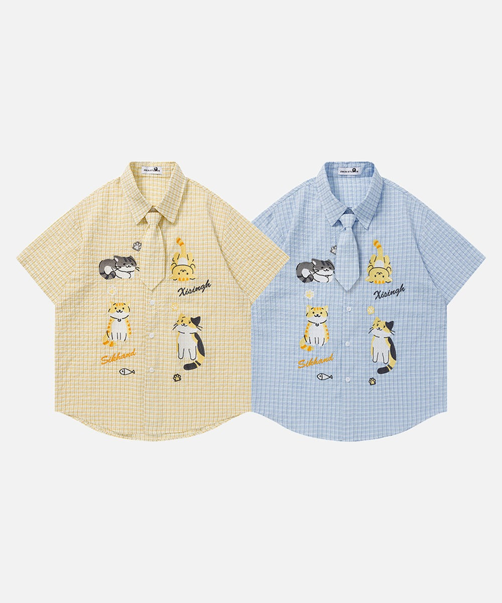 DAXUEN Cat embroidered plaid short sleeve shirt