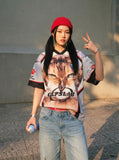 DAXUEN White short-sleeved T-shirt with cat graphic and colour blocking — model photo