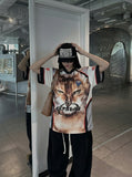 DAXUEN White short-sleeved T-shirt with cat graphic and colour blocking — model photo
