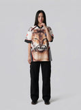 DAXUEN White short-sleeved T-shirt with cat graphic and colour blocking — model photo