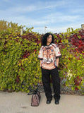 DAXUEN White short-sleeved T-shirt with cat graphic and colour blocking — model photo