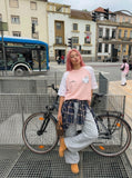 DAXUEN Oversized T-shirt with cat graphic and polka dot sleeves — model photo