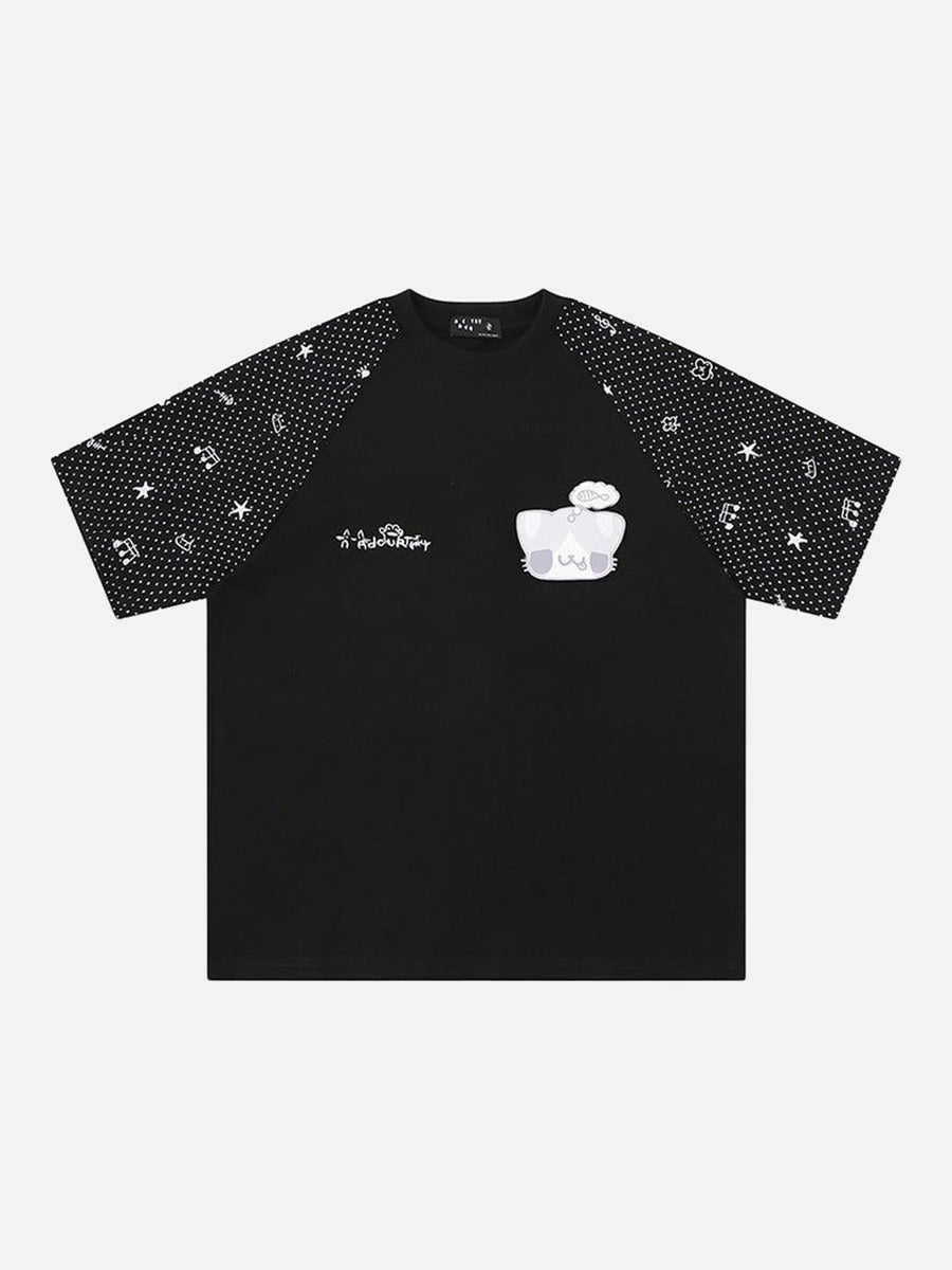 DAXUEN Oversized T-shirt with cat graphic and polka dot sleeves