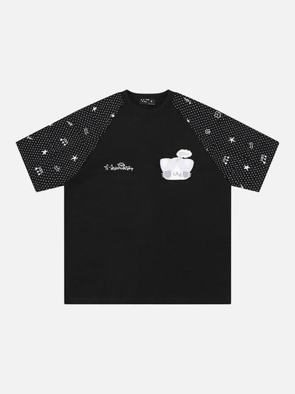 DAXUEN Oversized T-shirt with cat graphic and polka dot sleeves