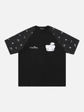 DAXUEN Oversized T-shirt with cat graphic and polka dot sleeves