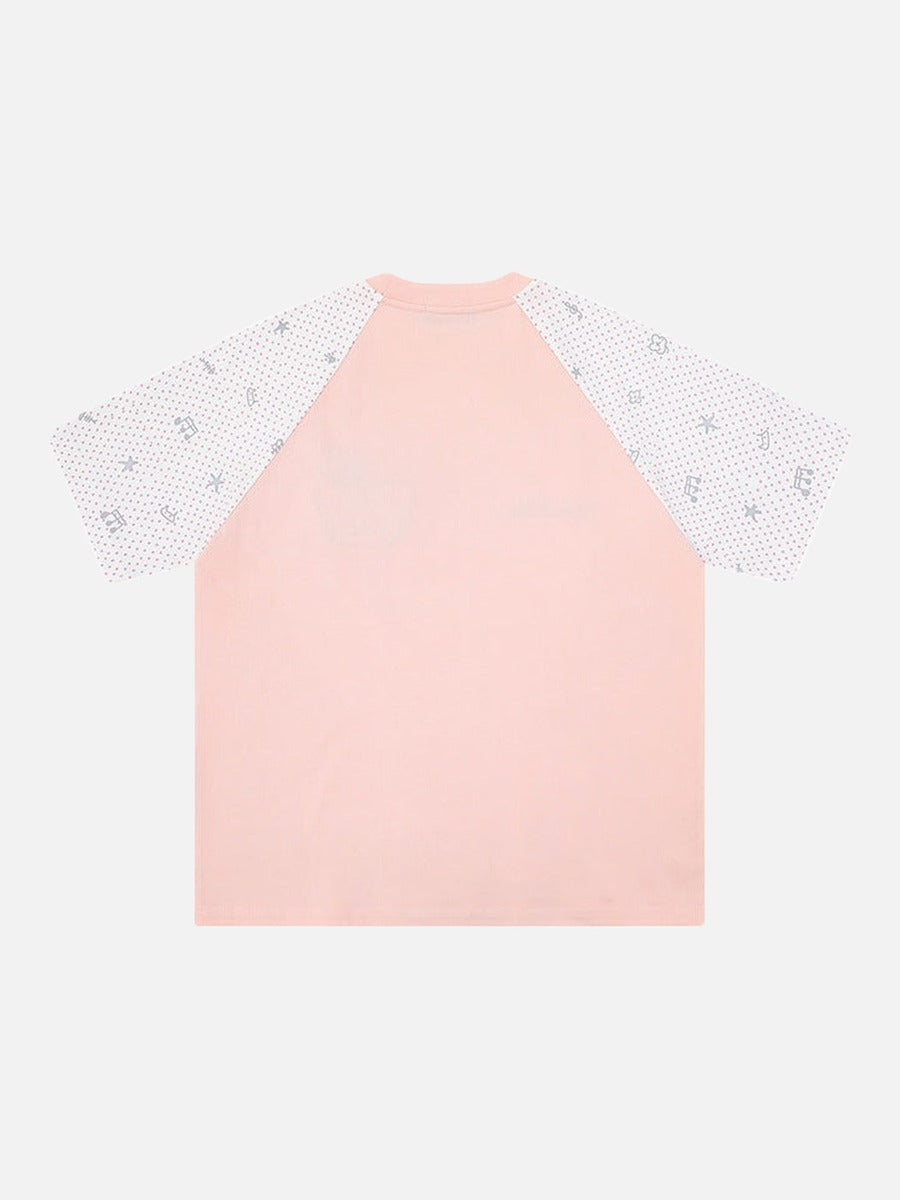DAXUEN Oversized T-shirt with cat graphic and polka dot sleeves